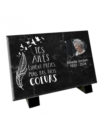 Plaque Funéraire Marbre Noir - Modèle "Tes Ailes" avec Photo et Citation Fin de série